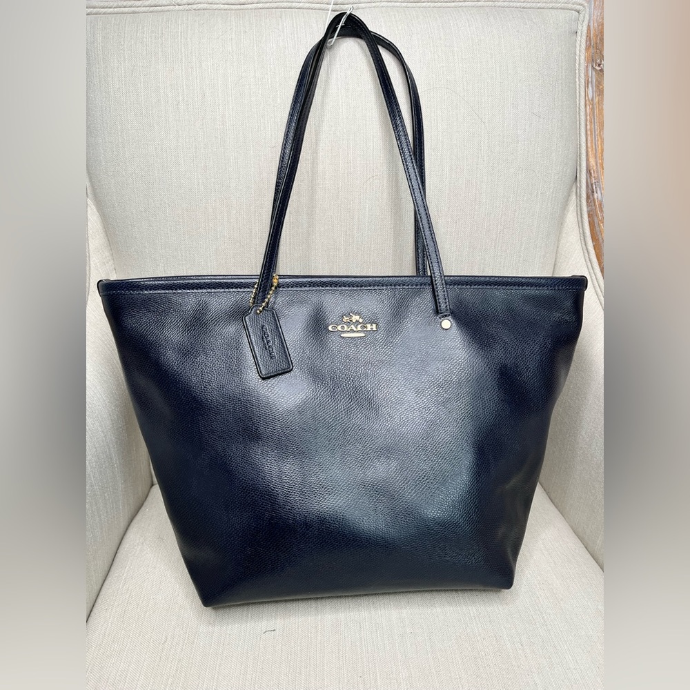 Coach Zip Top Midnight Blue Leather Tote Bag